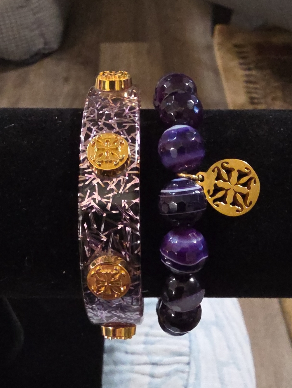 Rustic Cuff Purple and Gold Bead & Resin Bracelet Set Of 2.